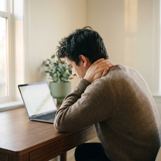 Desk worker reaching for the back of their neck at a home-office desk showing classic tech neck symptoms