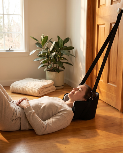 Person reclining on warm hardwood floor using NeckReset Pro for at-home cervical traction