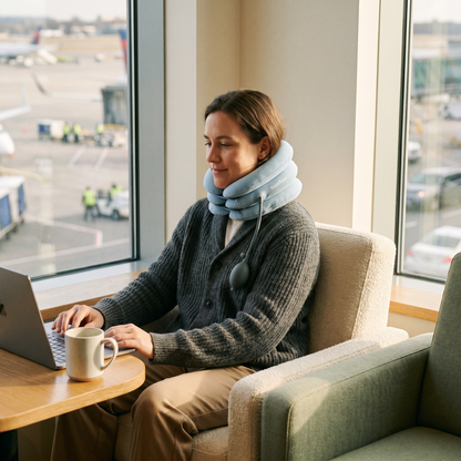 Person wearing NeckReset Air inflatable cervical collar in airport lounge for travel-day neck relief