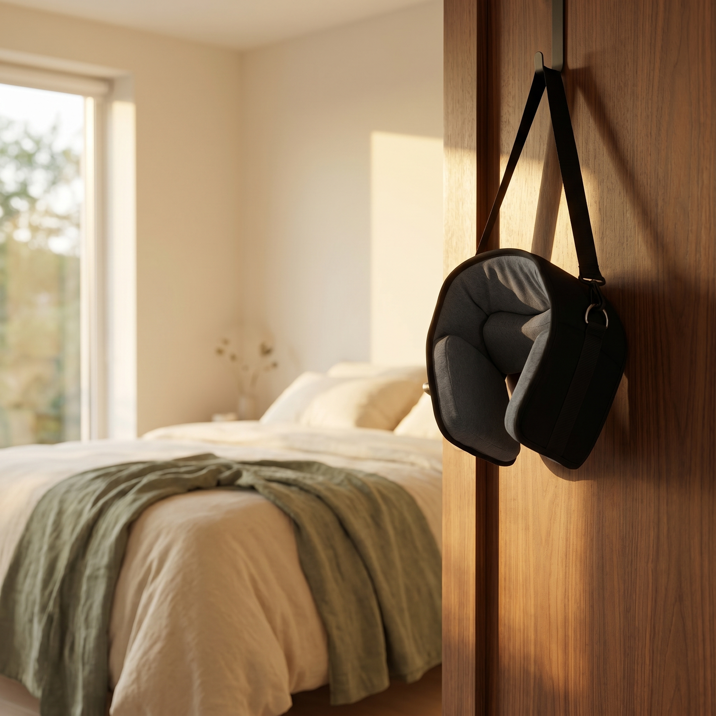 NeckReset Pro cervical traction device set up on a warm walnut bedroom door