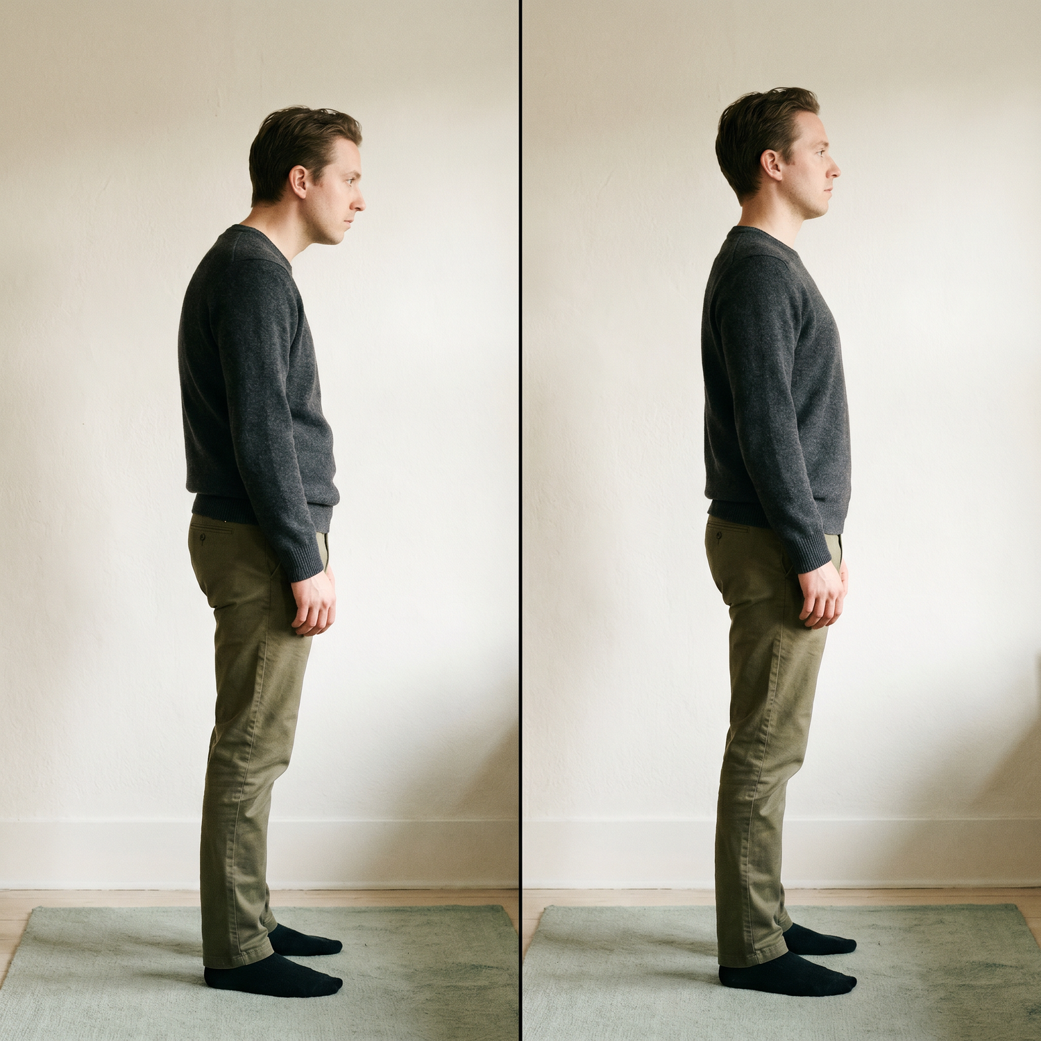 Side-by-side before-and-after posture comparison against off-white wall