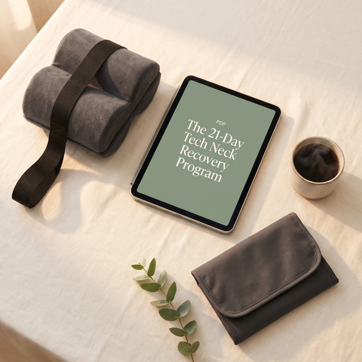 NeckReset Pro plus 21-Day Recovery Program iPad flat-lay on linen with coffee and eucalyptus
