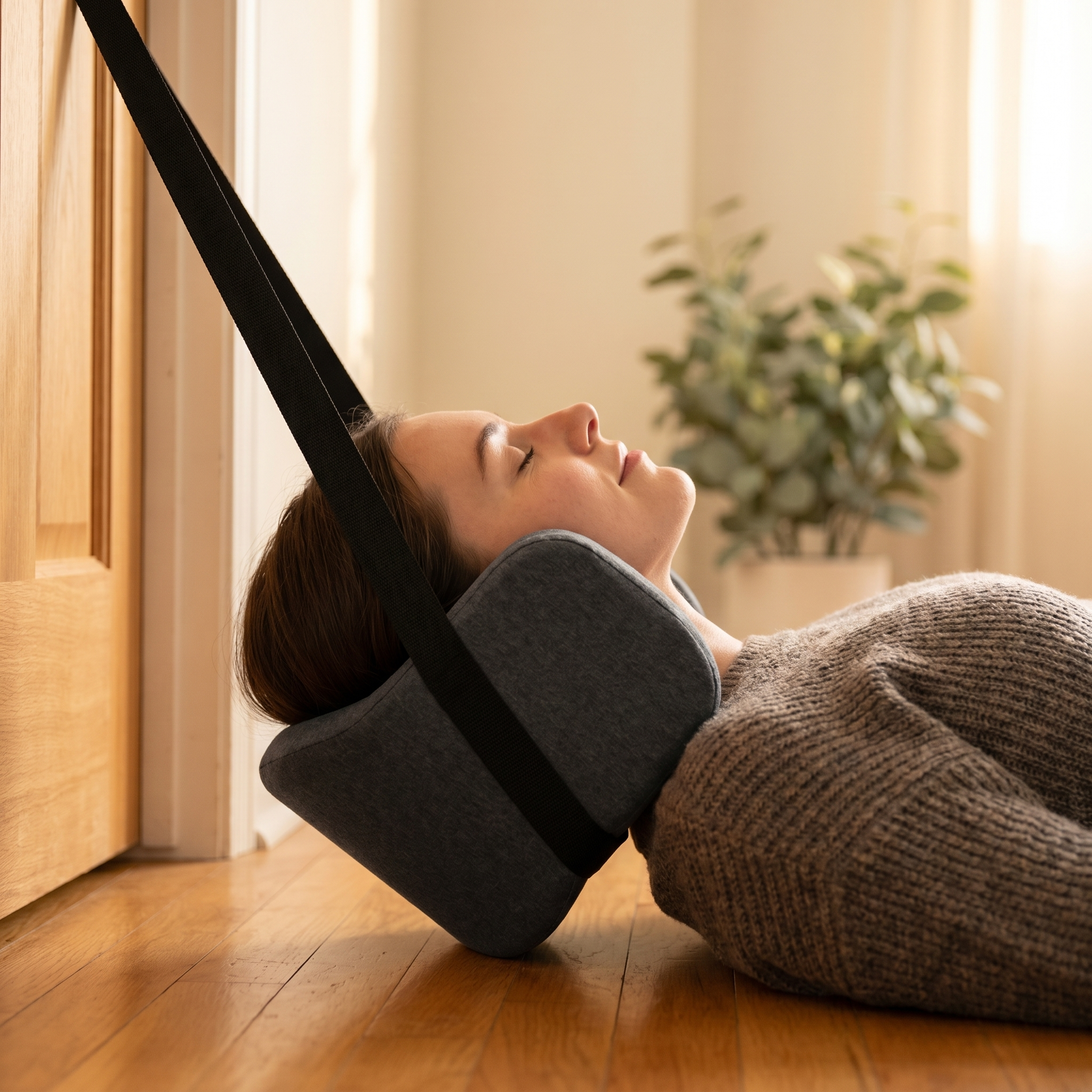 Person settling head into NeckReset Pro foam cradle attached to door strap — Step 2 Recline