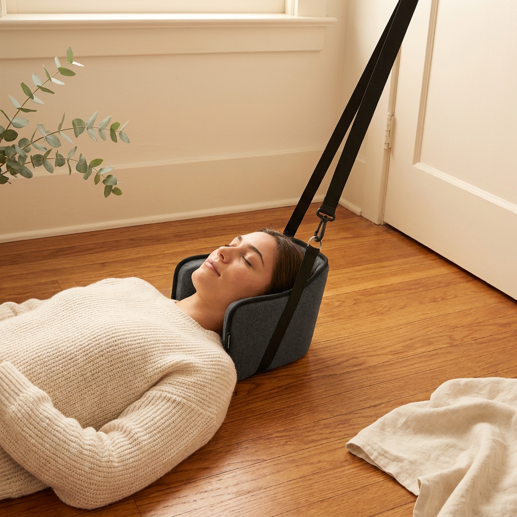Person lying peacefully with head in NeckReset Pro cradle during 10-minute cervical reset — Step 3 Reset